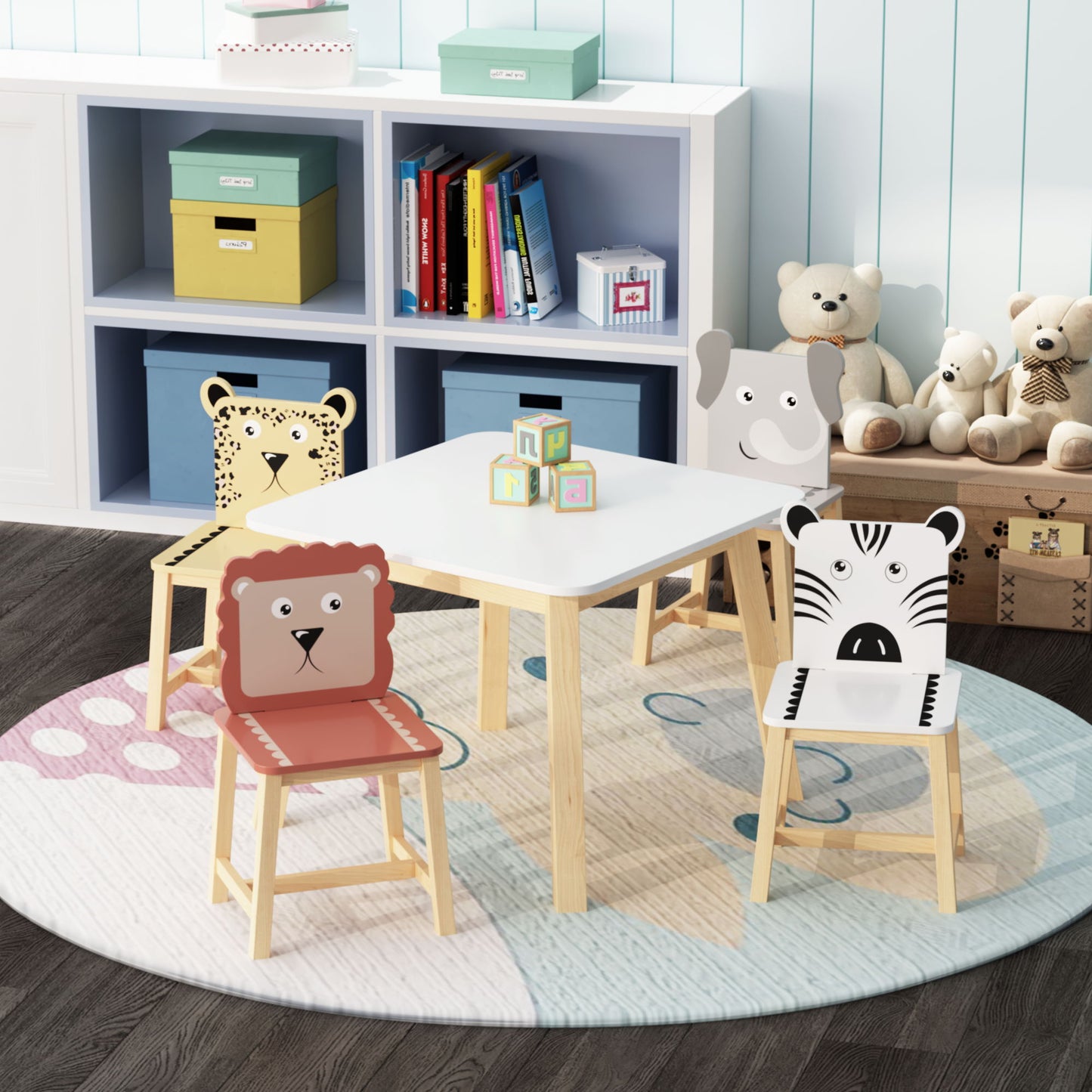 Kids Table And Chair Set With Cartoon Animals Design - White