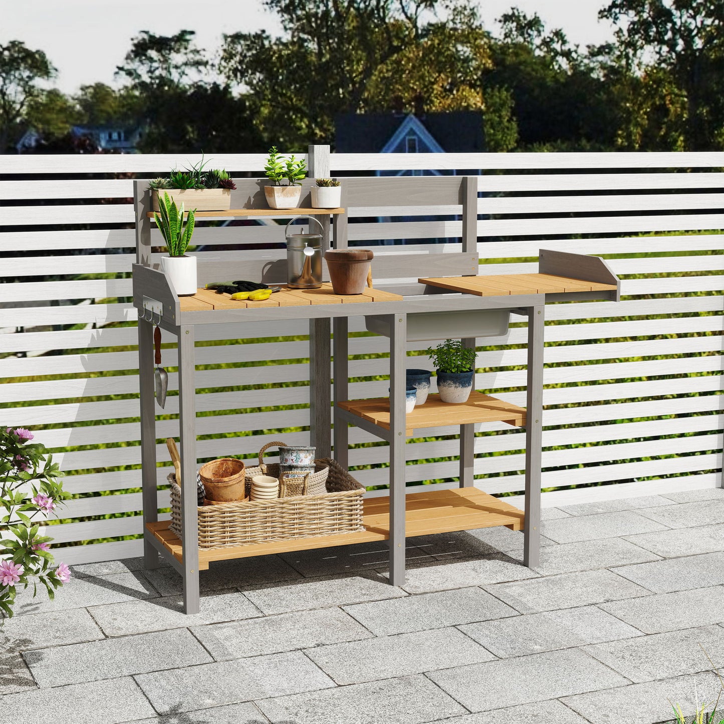 Outdoor Potting - Bench, Workstation Table With Cabinet For Backyard Garden Supplies - Gray / Brown