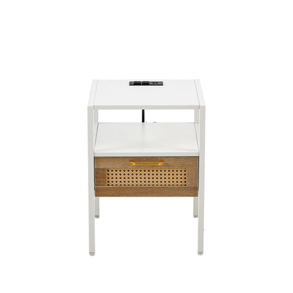 Rattan End Table With Power Outlet & USB Ports, Modern Nightstand With Drawer And Metal Legs, Side Table For Living Room, Bedroom