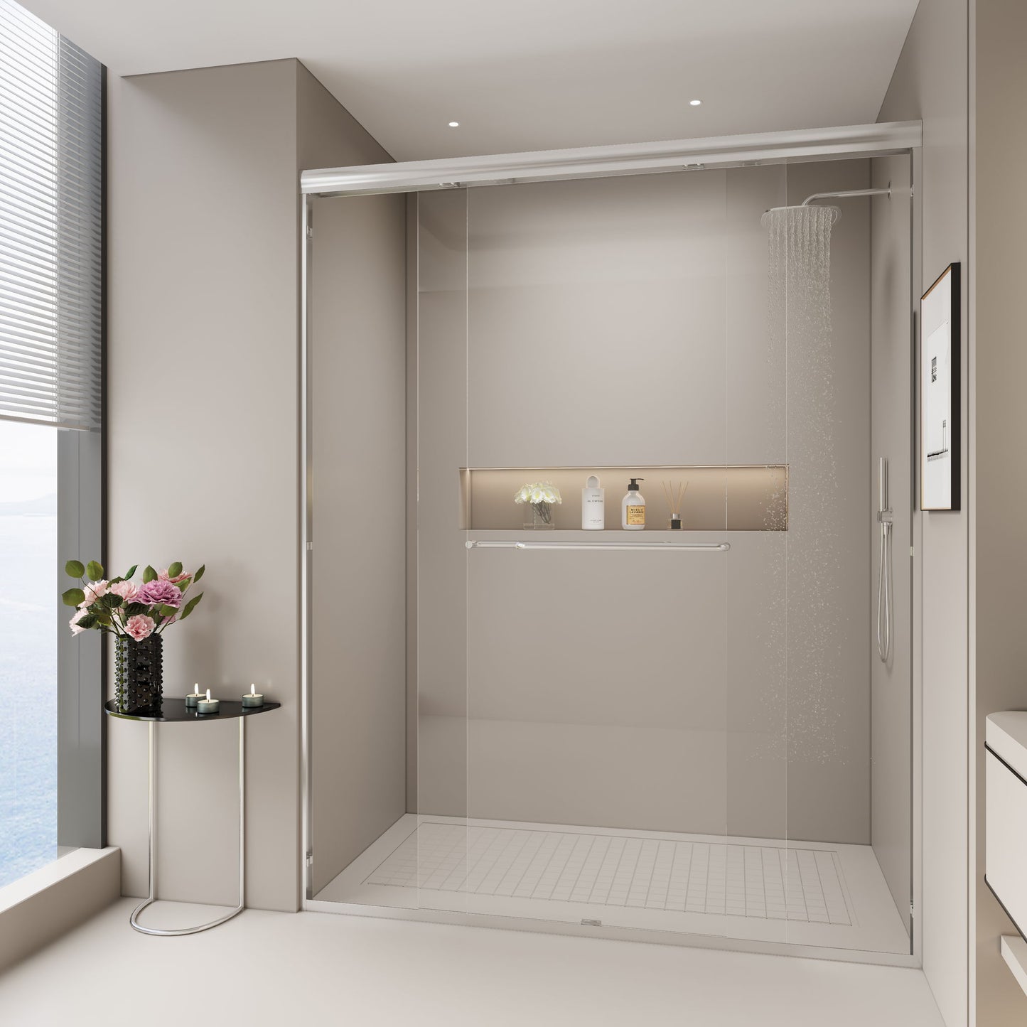Double Sliding Shower Door, Semi-Frameless Bypass Bathroom Sliding Door With 1/4" (6 Mm) Tempered Glass For Walk-In Shower