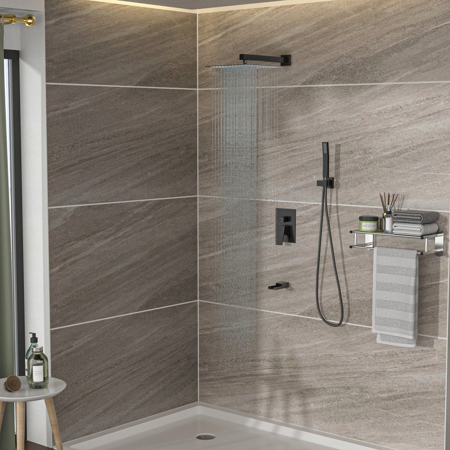 Wall Mounted Square Shower System With Waterfall Tub Spout And 12" Shower Head - Oil-Rubbed Bronze