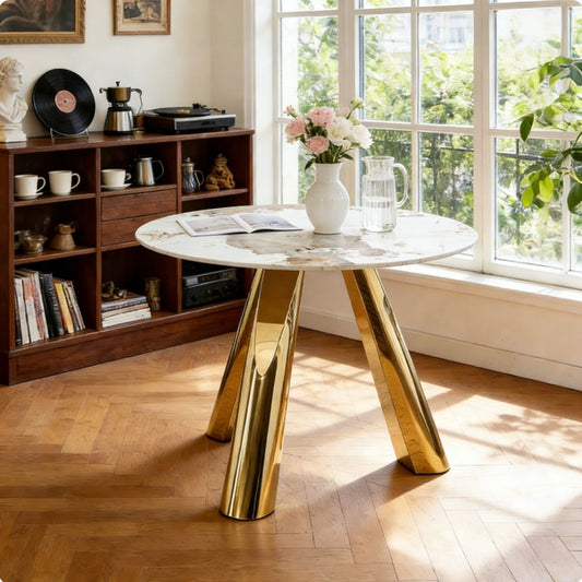 Marble Grained Stone Round Table Three - Legged Round Table With Stainless Steel Plated Legs Natural Healthy And Environmentally Friendly Round Table