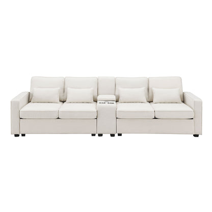 Upholstered Sofa With Console, 2 Cupholders And 2 USB Ports Wired Or Wirelessly Charged, Modern Fabric Couches With 4 Pillows For Living Room, Apartment (4-Seat)