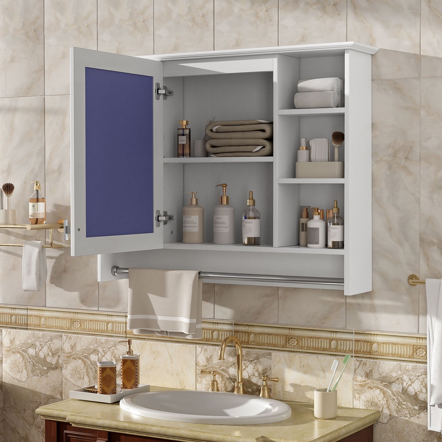 Modern Wall Mounted Mirror Cabinet With Adjustable Shelf, Soft Close Door, And Towel Bar