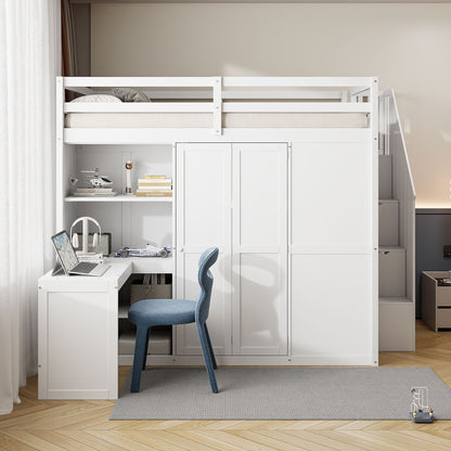 Loft Bed With Wardrobe, Desk And Shelves