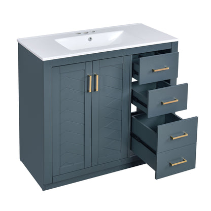 Modern Bathroom Vanity With Ceramic Sink, 6 Drawers & Soft-Close Doors