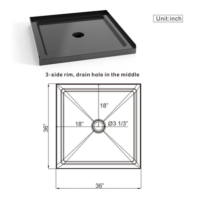 Shower Base, Anti Slip Center Drain Single Threshold - Black