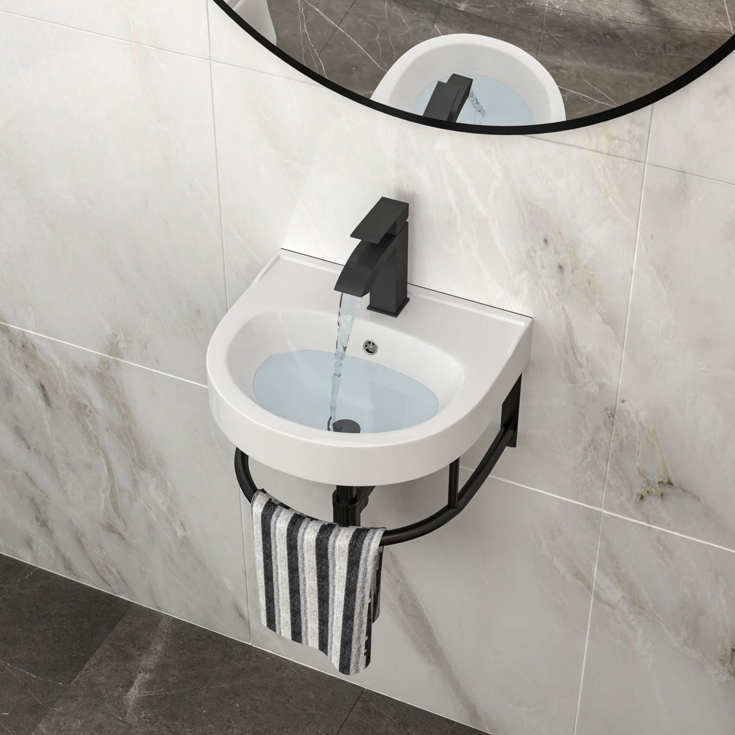 Wall Mounted Bathroom Sink With Towel Bar And Faucet - White / Black