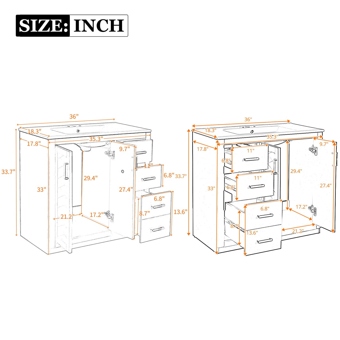 Modern Bathroom Vanity With Ceramic Sink, 6 Drawers & Soft-Close Doors