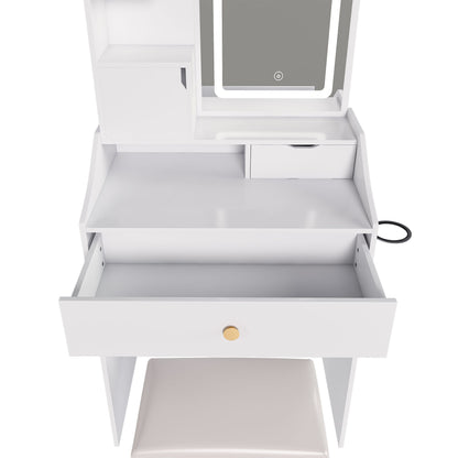3 Color LED Vanity Mirror With Stool, 2 Drawers & 5 Storage Cabinets, Adjustable Lighting - White