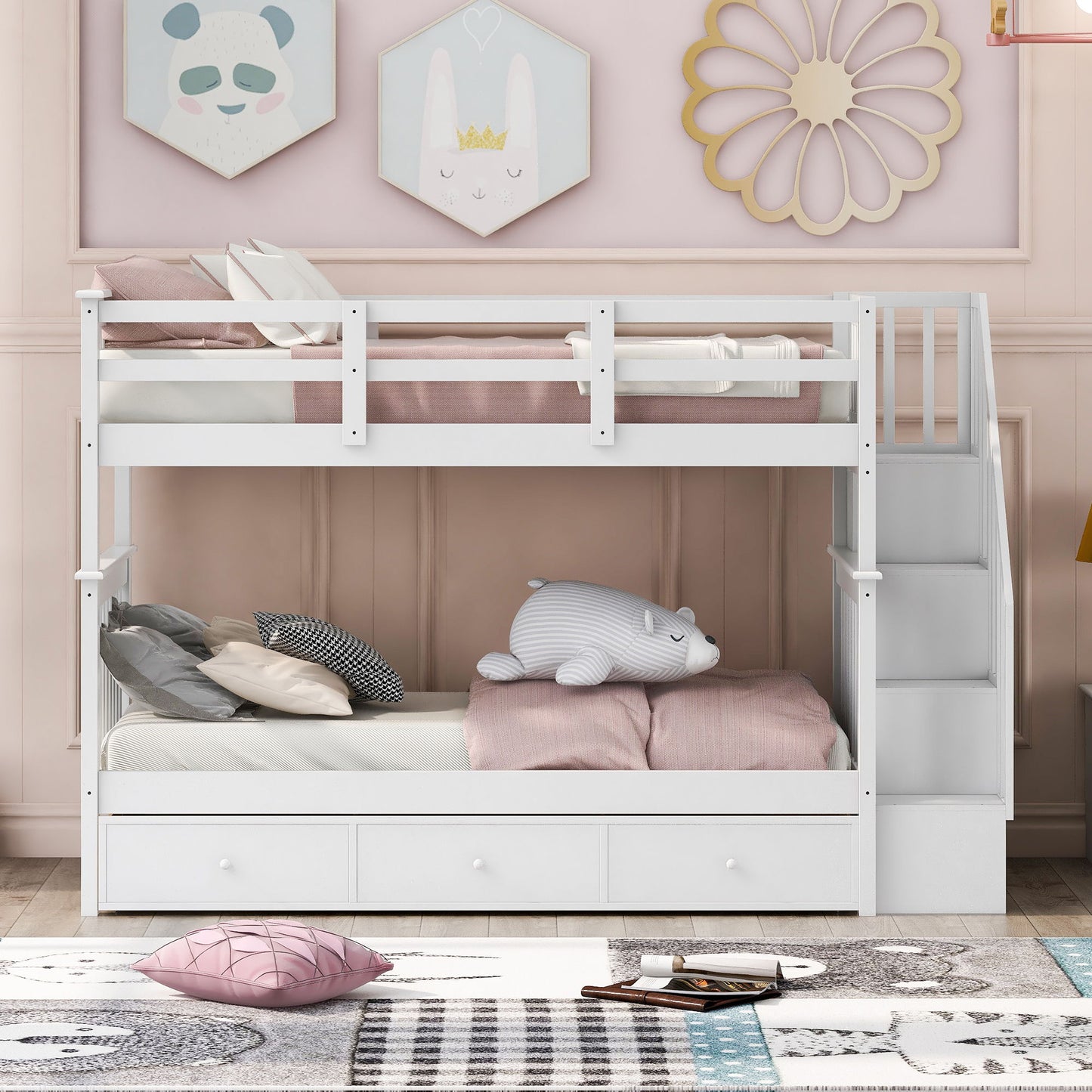 Stairway Bunk Bed With Storage And Guard Rail For Bedroom